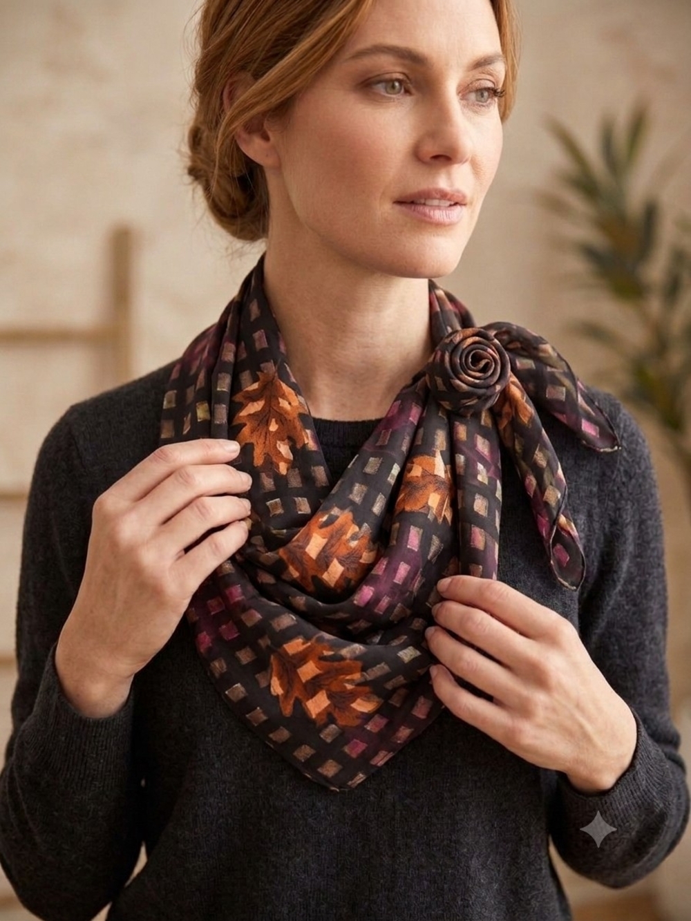 Autumn Harvest Checkered & Leaf Print Lightweight Scarf